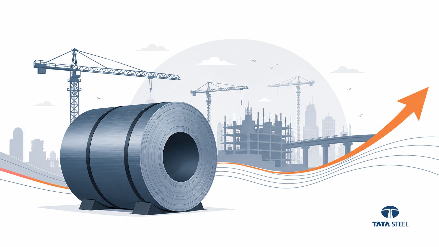 A large steel coil in the foreground with construction cranes and city buildings in the background.
