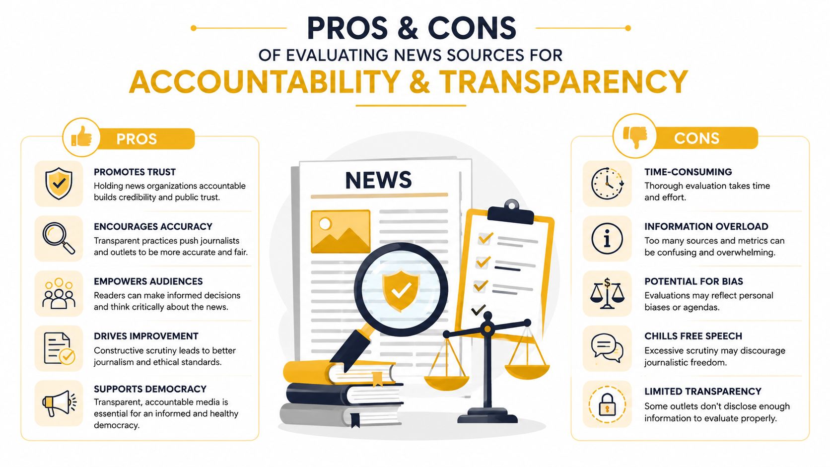 An infographic titled Pros and Cons of Evaluating News Sources for Accountability and Transparency with bullet points.