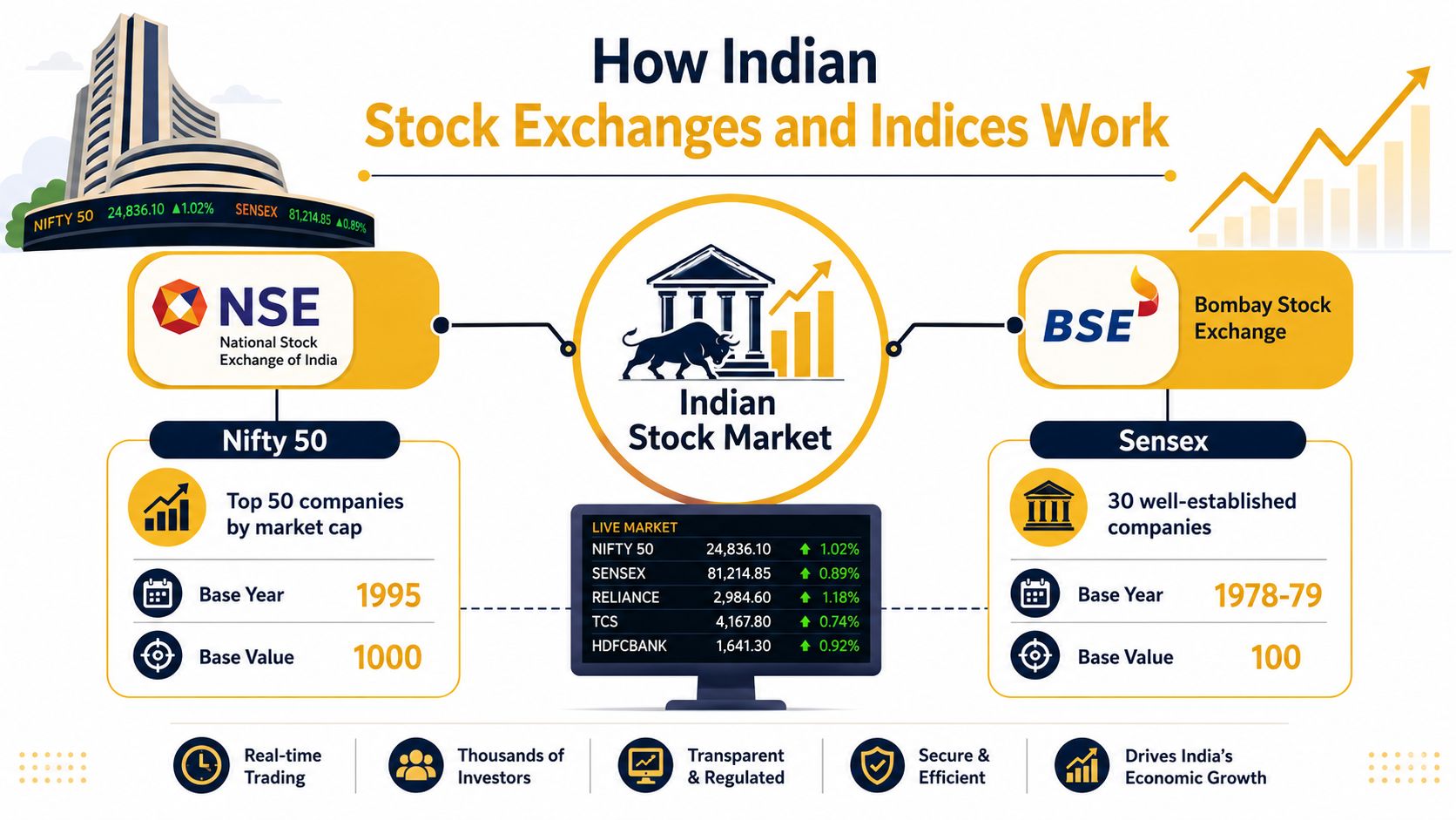 An infographic explaining the Indian stock market, featuring the NSE Nifty 50 and BSE Sensex indices.