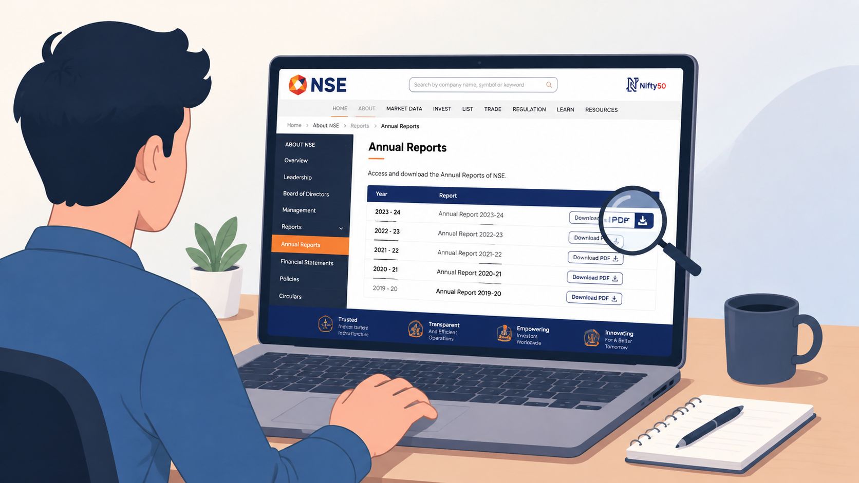 A person using a laptop to view and download annual financial reports on the NSE website online.