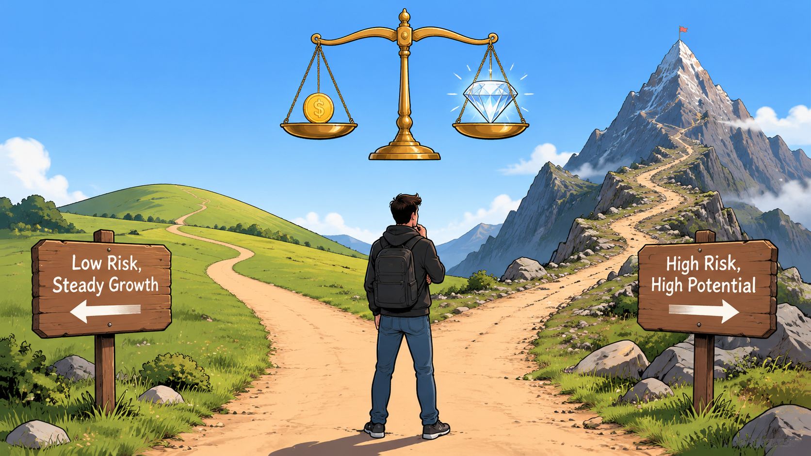 A person standing at a fork in the road contemplating between low risk growth and high potential.