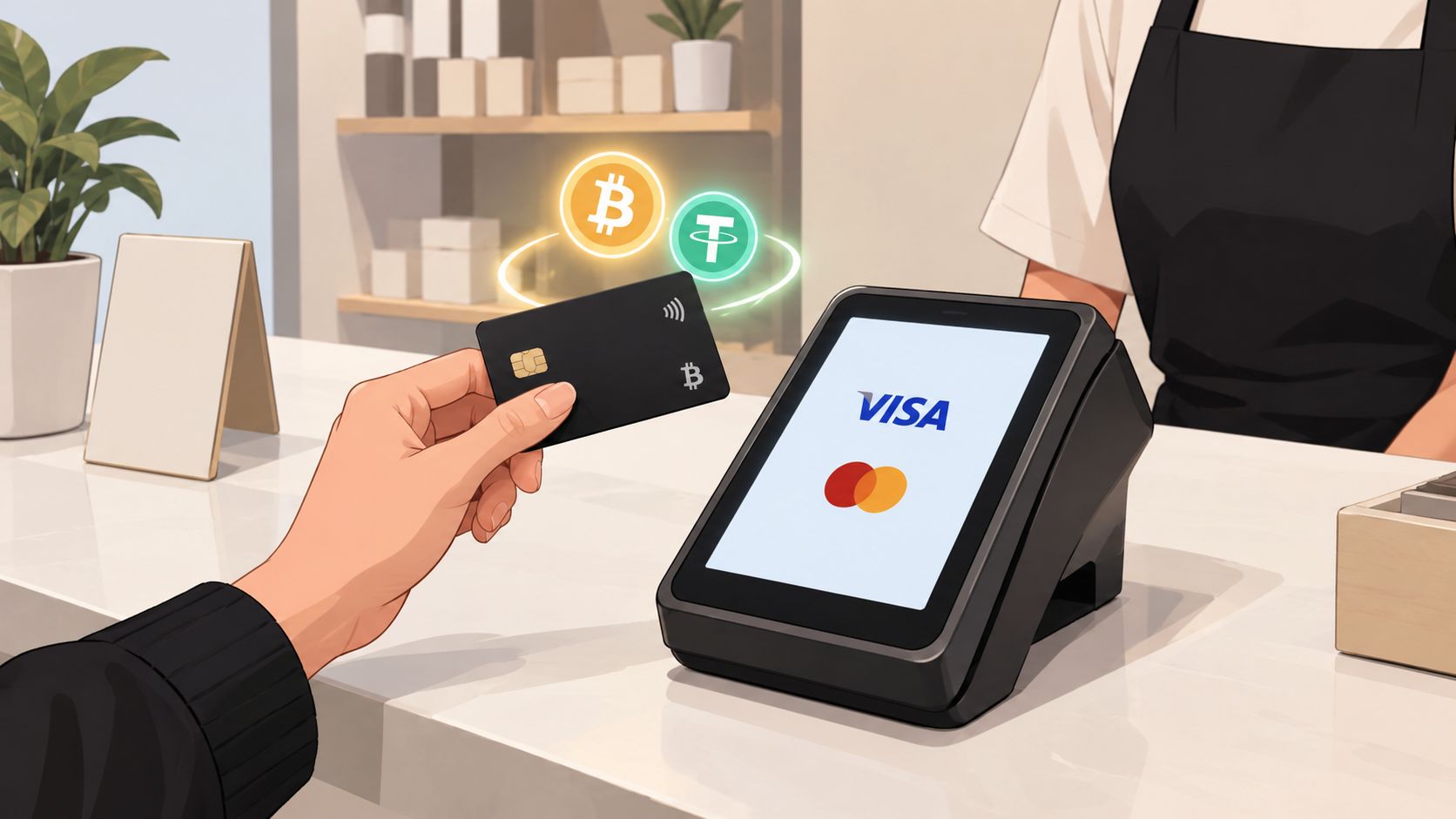 A hand holding a black crypto card near a payment terminal with Visa and Mastercard logos visible.