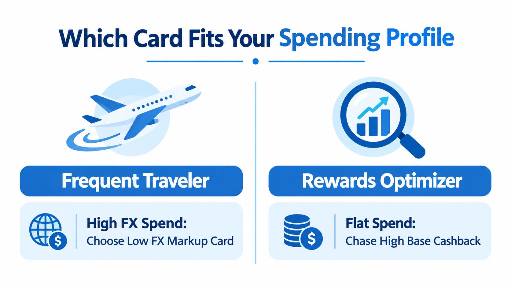A graphic comparing card types for frequent travelers versus rewards optimizers based on spending profiles.