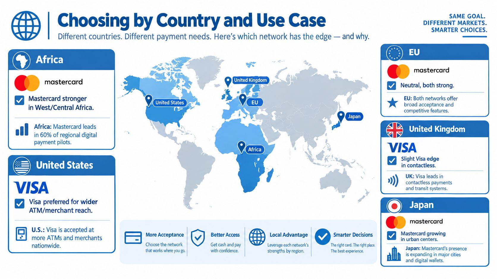 An infographic comparing Mastercard and Visa usage and strengths across different global regions including Africa, US, EU, UK and Japan.