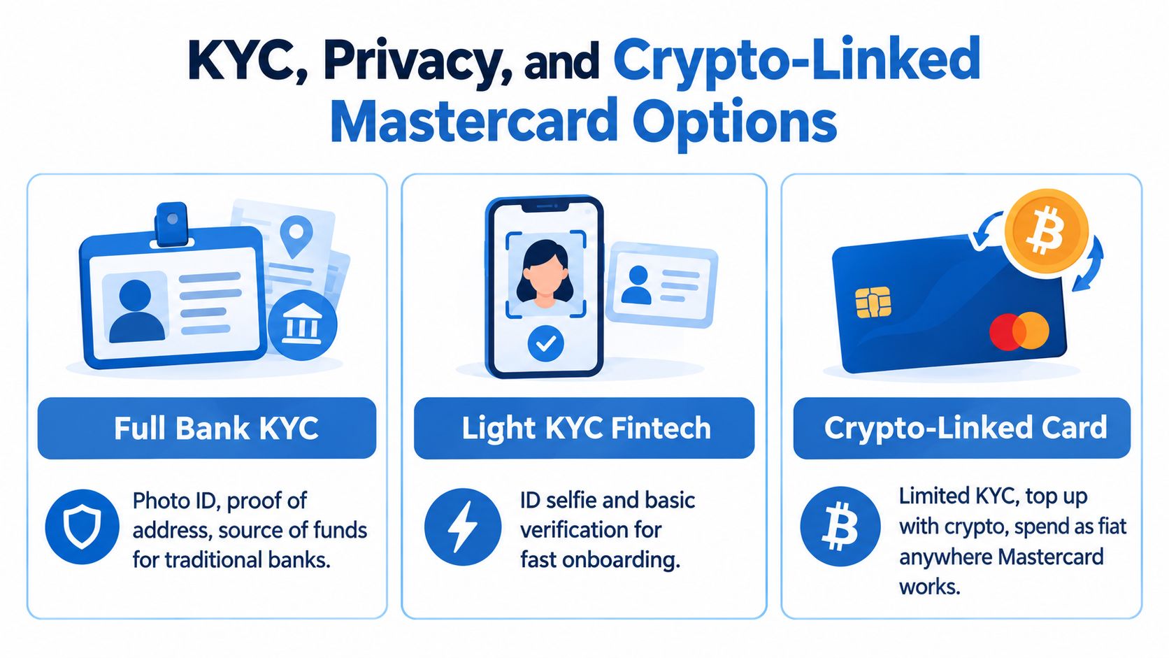An infographic comparing three levels of identity verification for financial accounts and crypto-linked Mastercard debit cards.