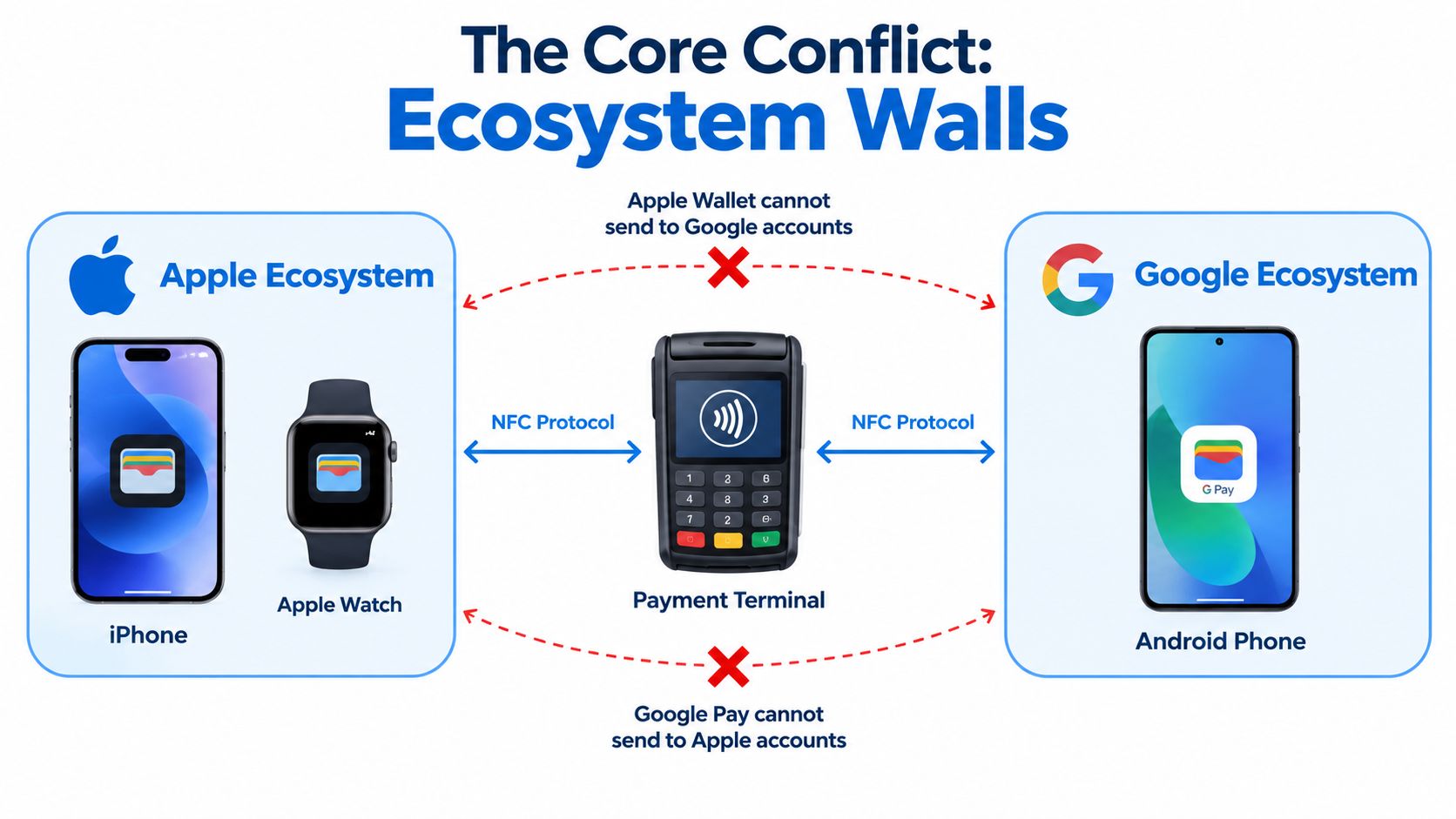 A diagram comparing Apple and Google payment ecosystems, showing they are incompatible for direct peer-to-peer transfers.