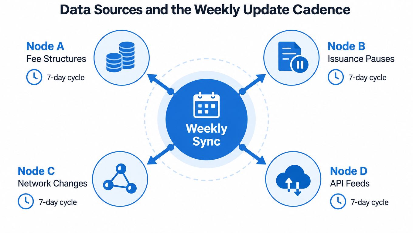 A diagram illustrating the weekly sync cadence for four data sources including fee structures and API feeds.