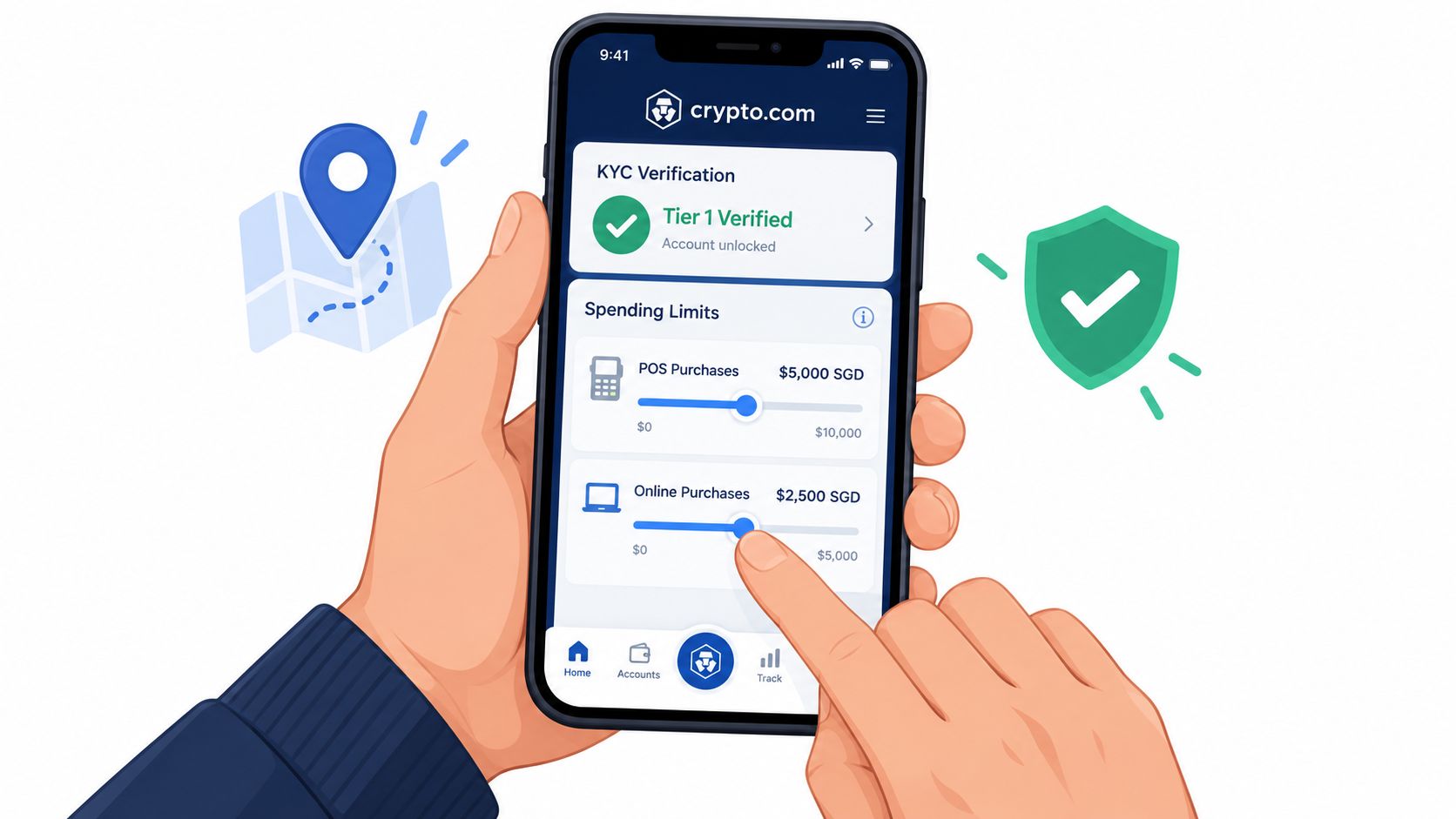 A hand holding a smartphone showing the crypto.com app interface for adjusting spending limits on purchases.