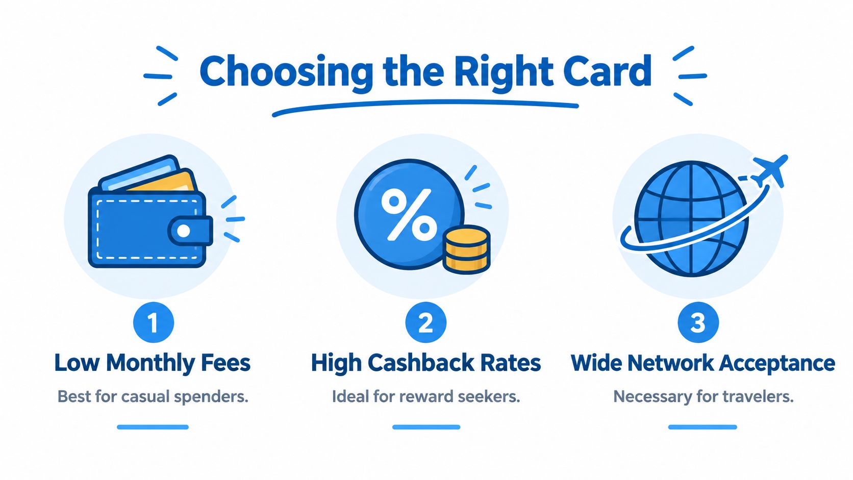 An infographic showing three criteria for choosing a credit card including fees, rewards, and travel network acceptance.