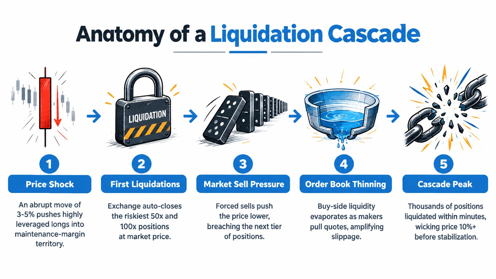 An infographic illustrating the five-step process of a crypto liquidation cascade in financial markets.