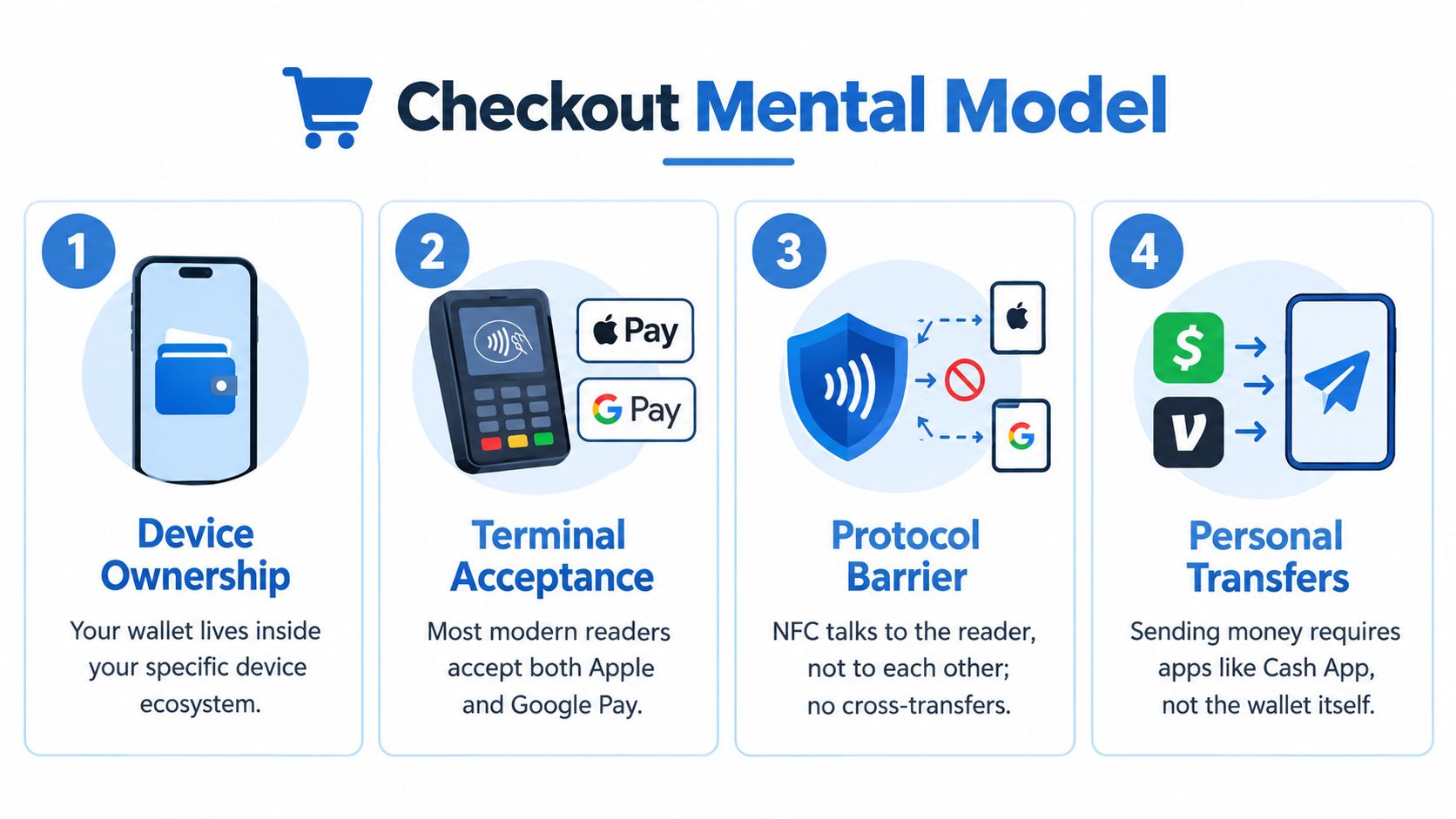 An infographic titled Checkout Mental Model illustrating how digital wallet payments work across different device ecosystems.