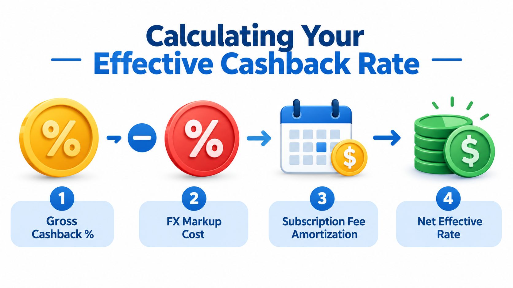 An infographic illustrating the four steps for calculating your net effective cashback rate on a financial card.