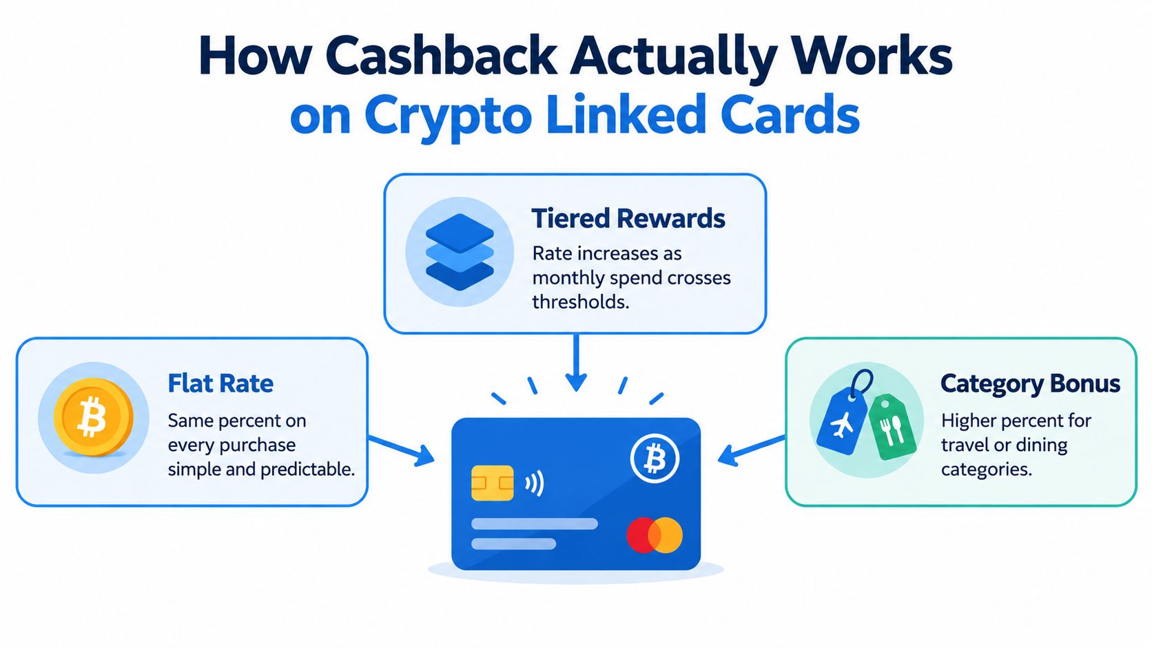 An infographic titled How Cashback Actually Works on Crypto Linked Cards, illustrating three common rewards models.
