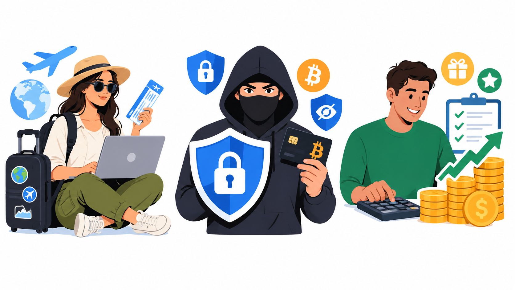 A digital illustration showing a traveler, a hacker holding a crypto card, and a person counting profits.