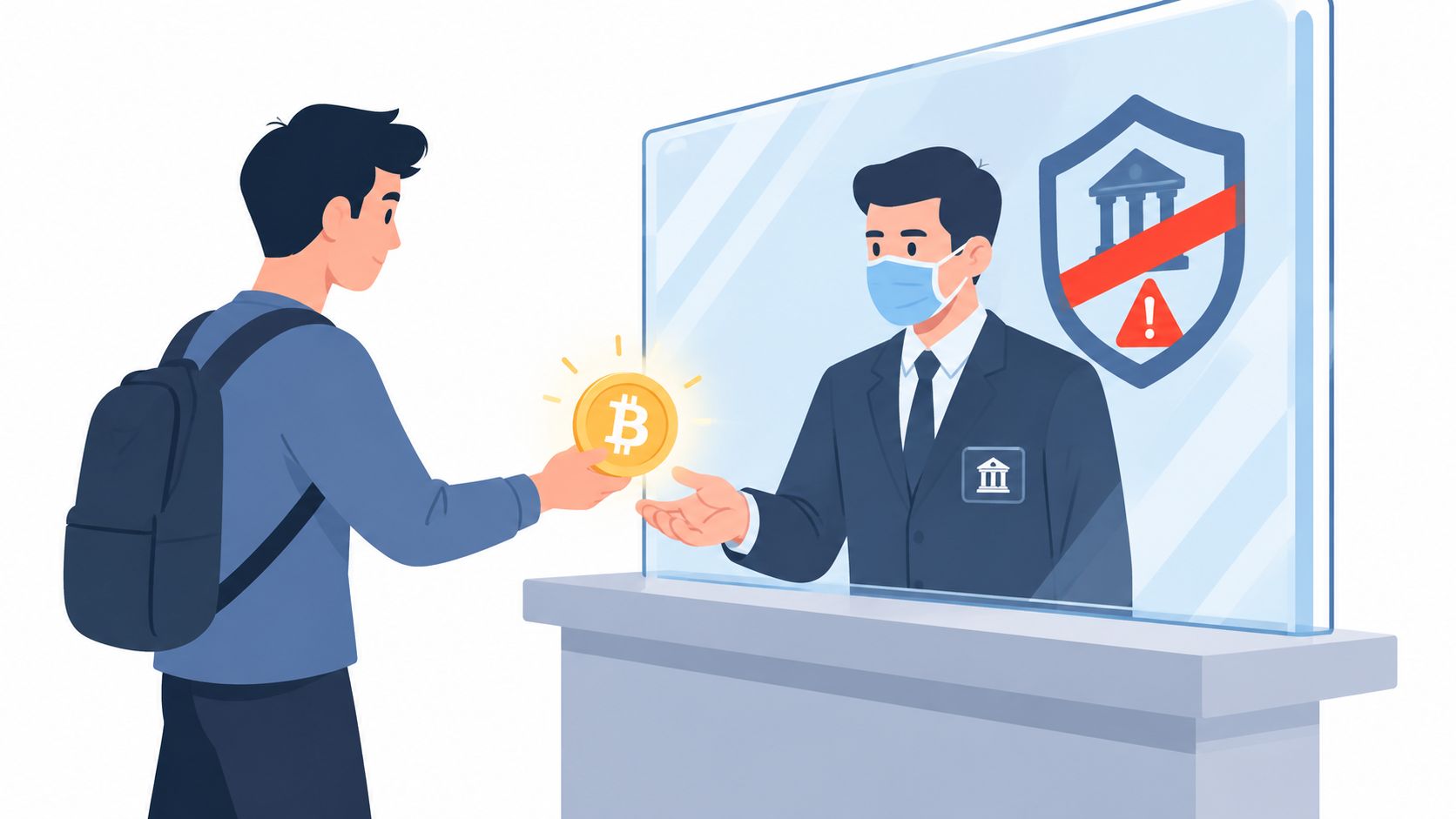 A student handing a bitcoin coin to a bank teller behind a glass screen with a warning icon.