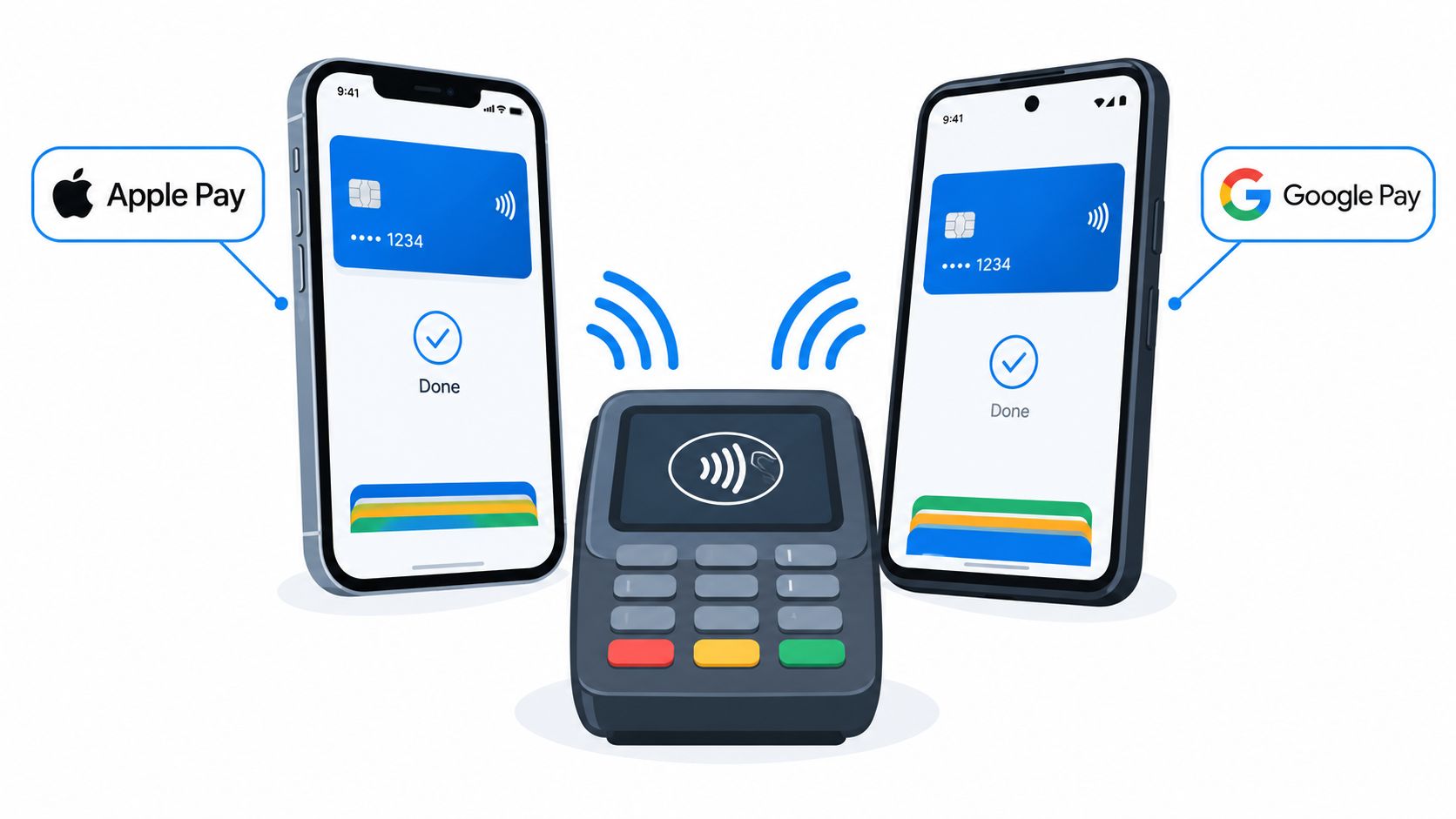 Two smartphones side by side interacting with a contactless payment terminal showing Apple Pay and Google Pay.