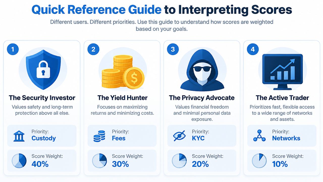 A guide detailing four investor personas with their specific priorities and score weighting for financial assets.
