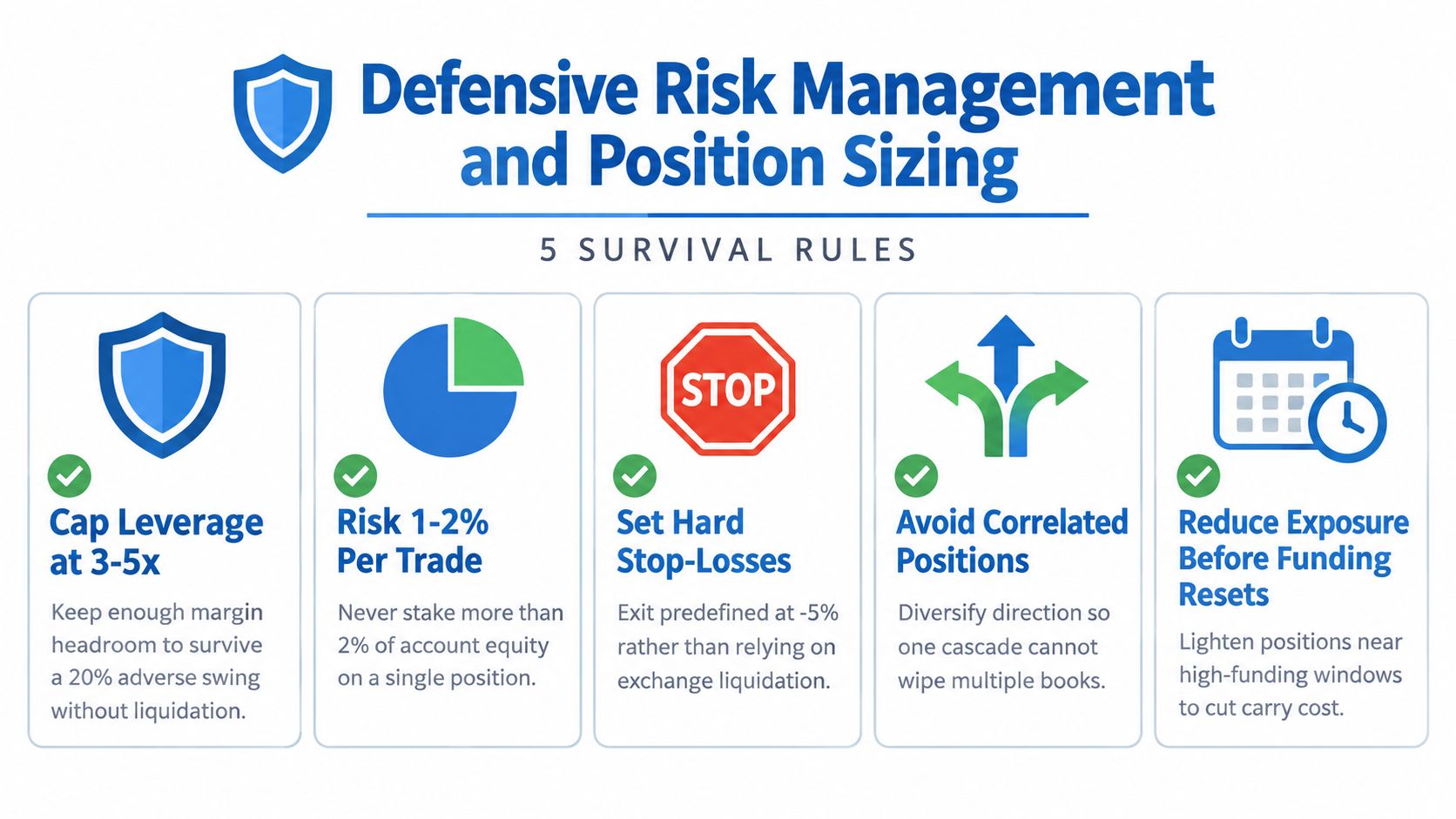 An infographic detailing five essential survival rules for defensive risk management and position sizing in trading.