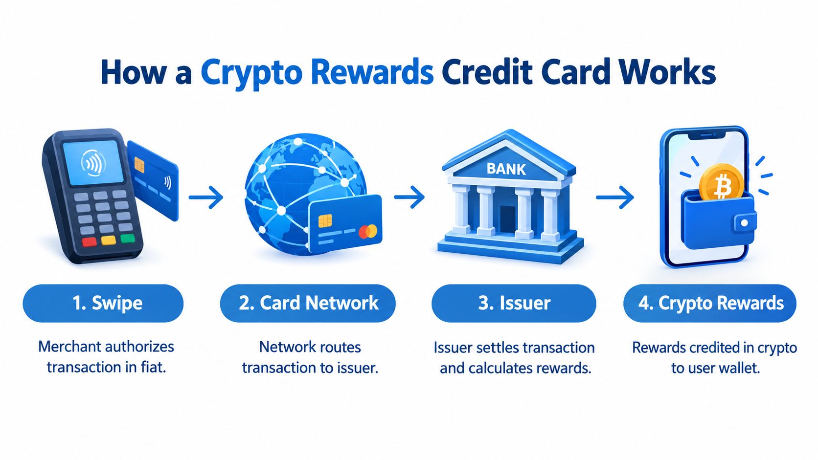 A diagram illustrating the four steps of how a crypto rewards credit card transaction process works.