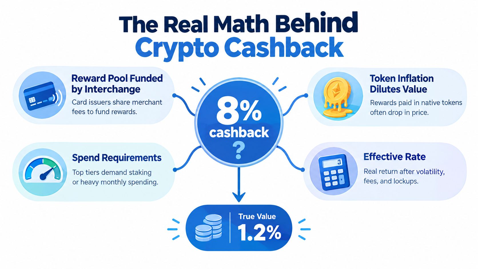 An infographic titled The Real Math Behind Crypto Cashback showing how 8% advertised rewards actually equate to 1.2%.