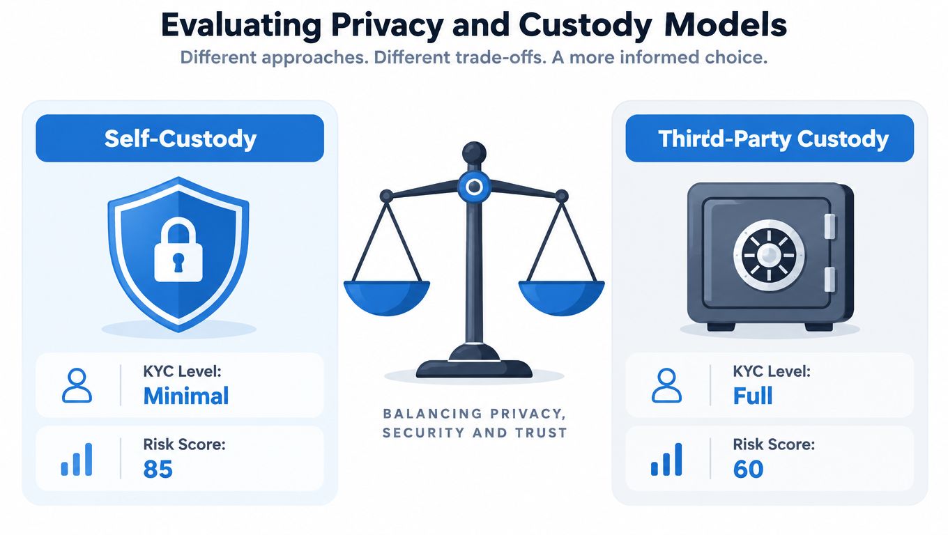 A comparison infographic between self-custody and third-party custody models showing risk scores and KYC requirements.