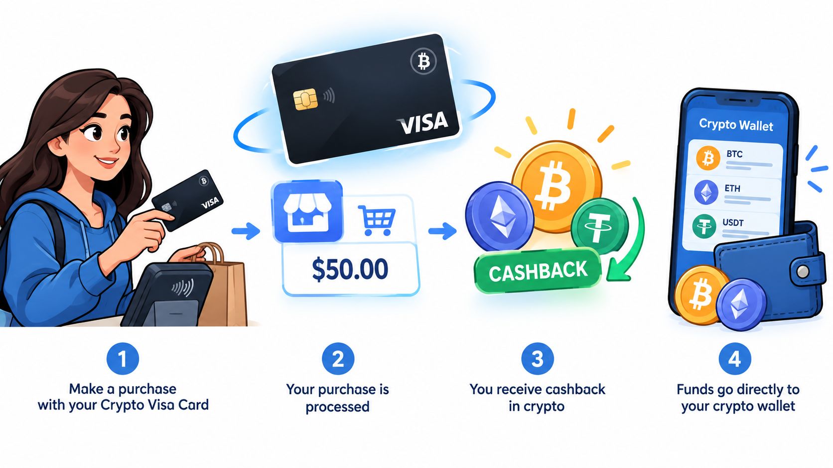 A woman using a crypto Visa card to make a purchase, earning crypto cashback sent to a wallet.