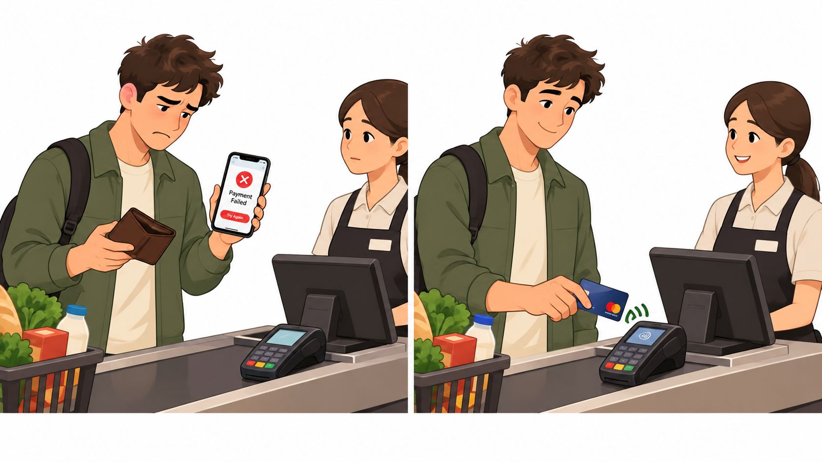 A man experiences a failed mobile payment and then successfully pays with a Mastercard debit card.