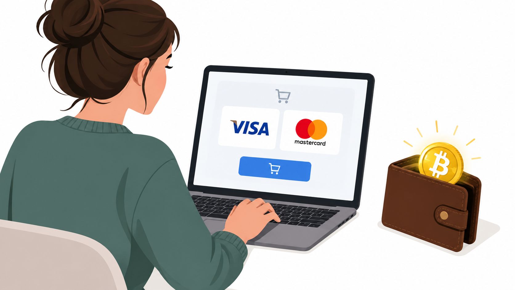 A woman using a laptop for online shopping with credit card options and a bitcoin wallet nearby.