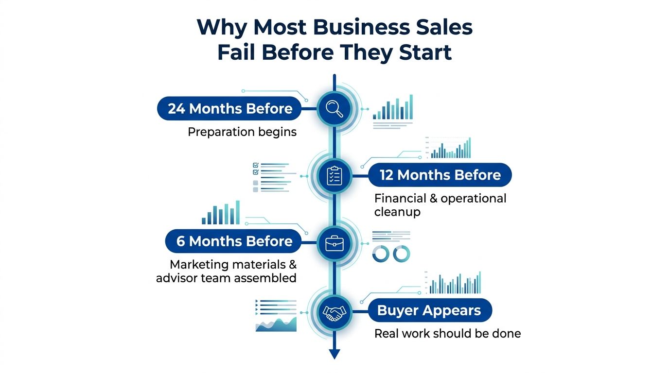 A timeline graphic illustrating the preparation phases required before selling a business, from 24 months out to buyer arrival.