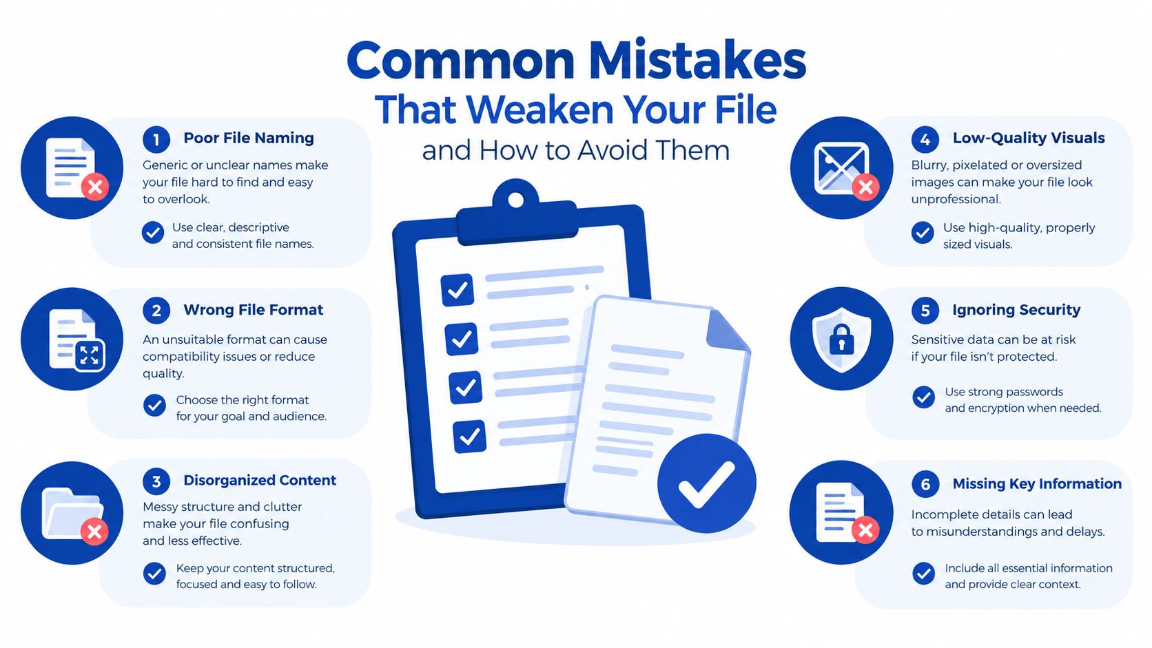 An infographic titled Common Mistakes That Weaken Your File listing six key errors and their solutions.