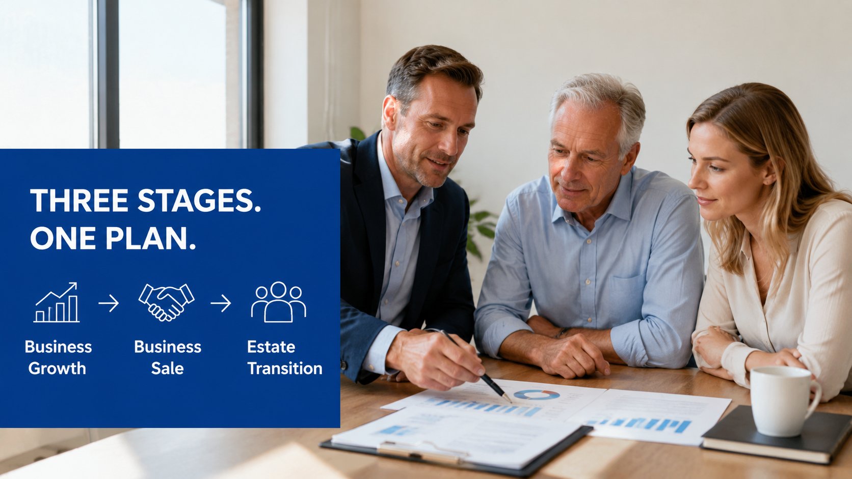 A diagram showing three stages of tax planning for Canadian business owners and families: business growth, business sale