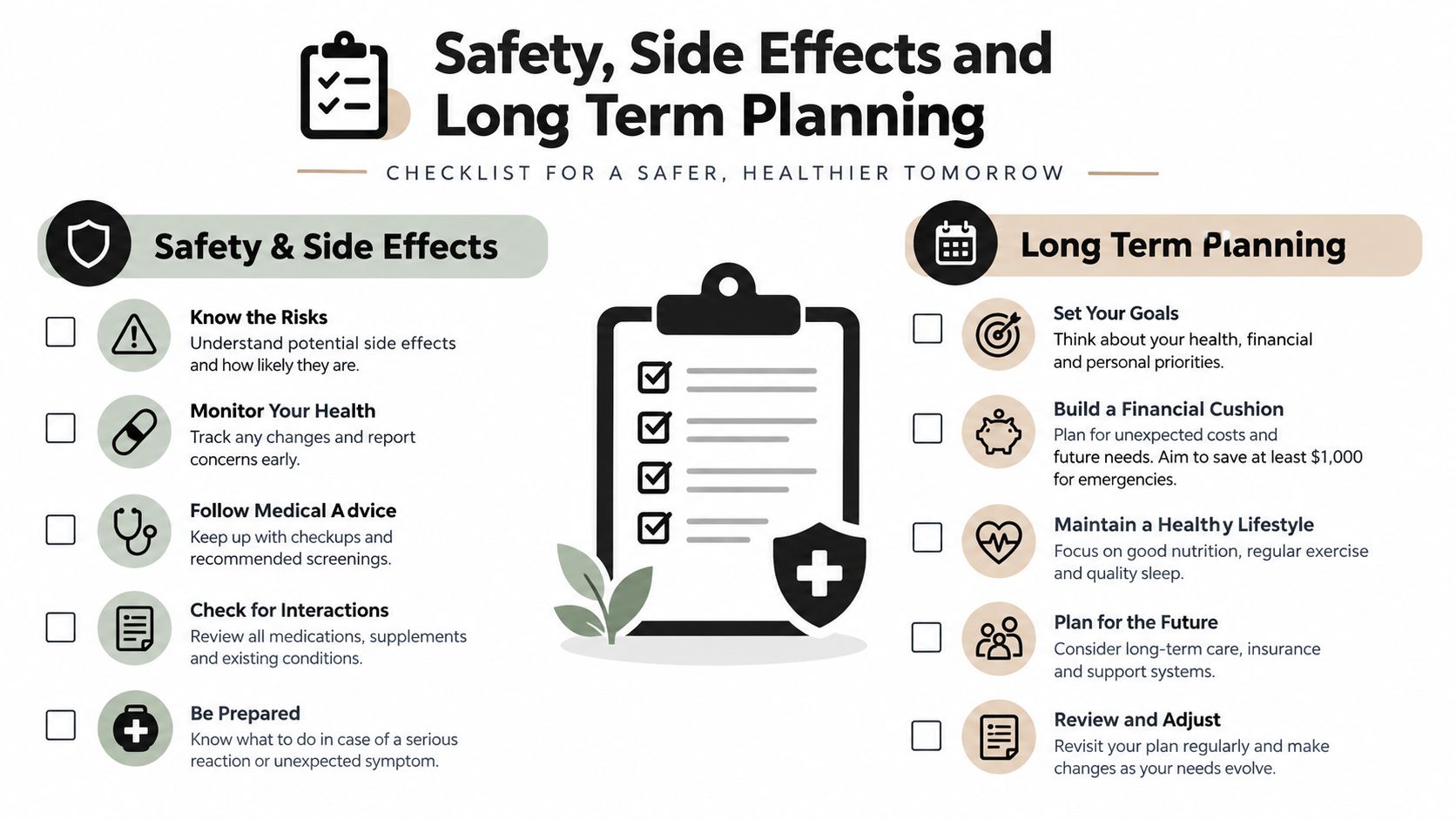 A checklist infographic titled Safety, Side Effects and Long Term Planning for health and future wellbeing.