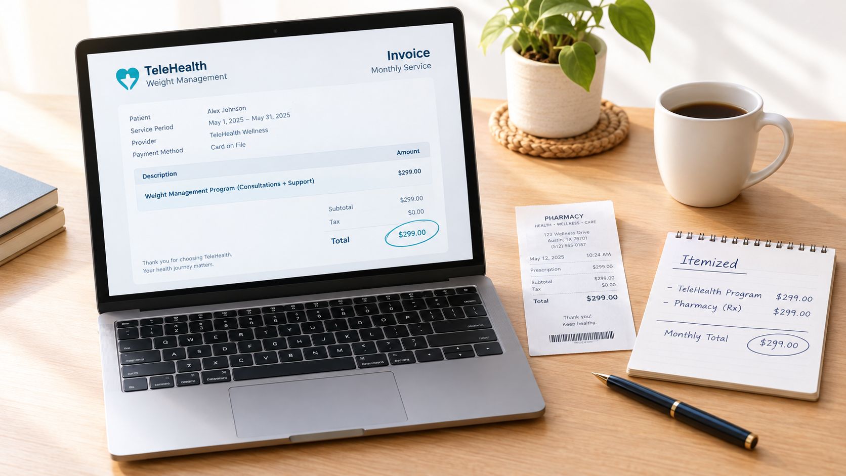 A laptop showing a TeleHealth invoice next to a pharmacy receipt and an itemized notebook list.