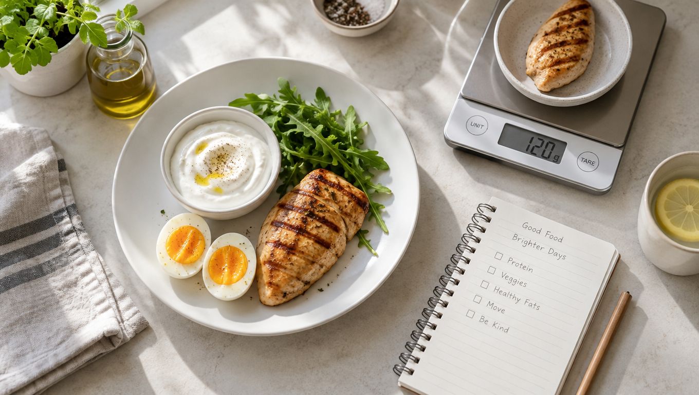 A healthy meal with grilled chicken, hard-boiled eggs, yogurt, and salad next to a food scale and notebook.
