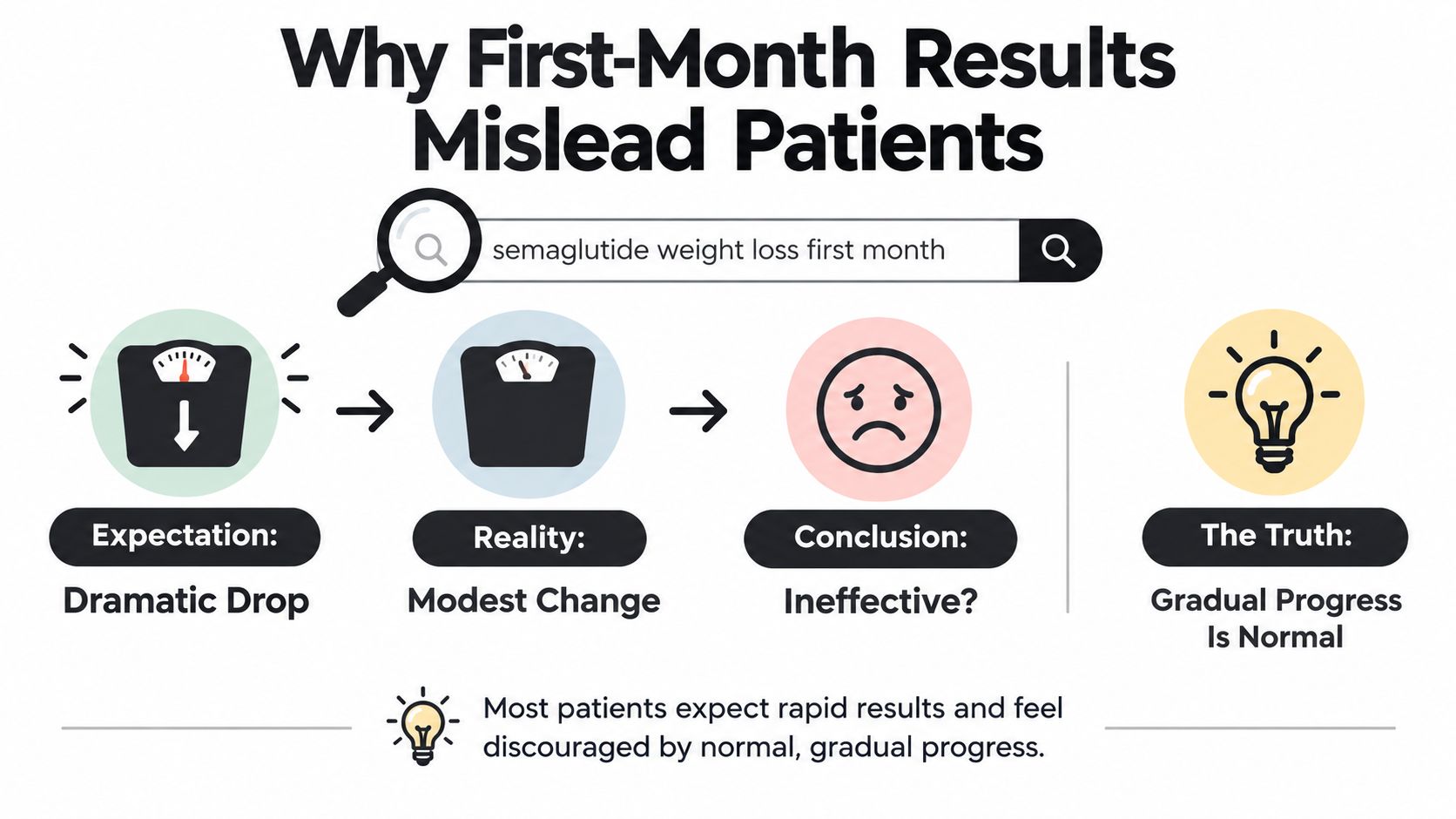 An infographic showing that expecting dramatic weight loss with semaglutide in the first month is often misleading.