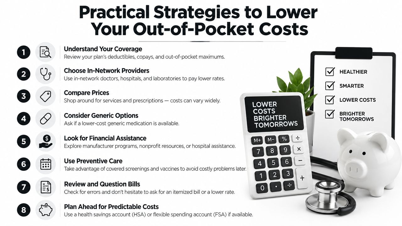 A numbered list infographic titled Practical Strategies to Lower Your Out-of-Pocket Costs featuring health and financial icons.