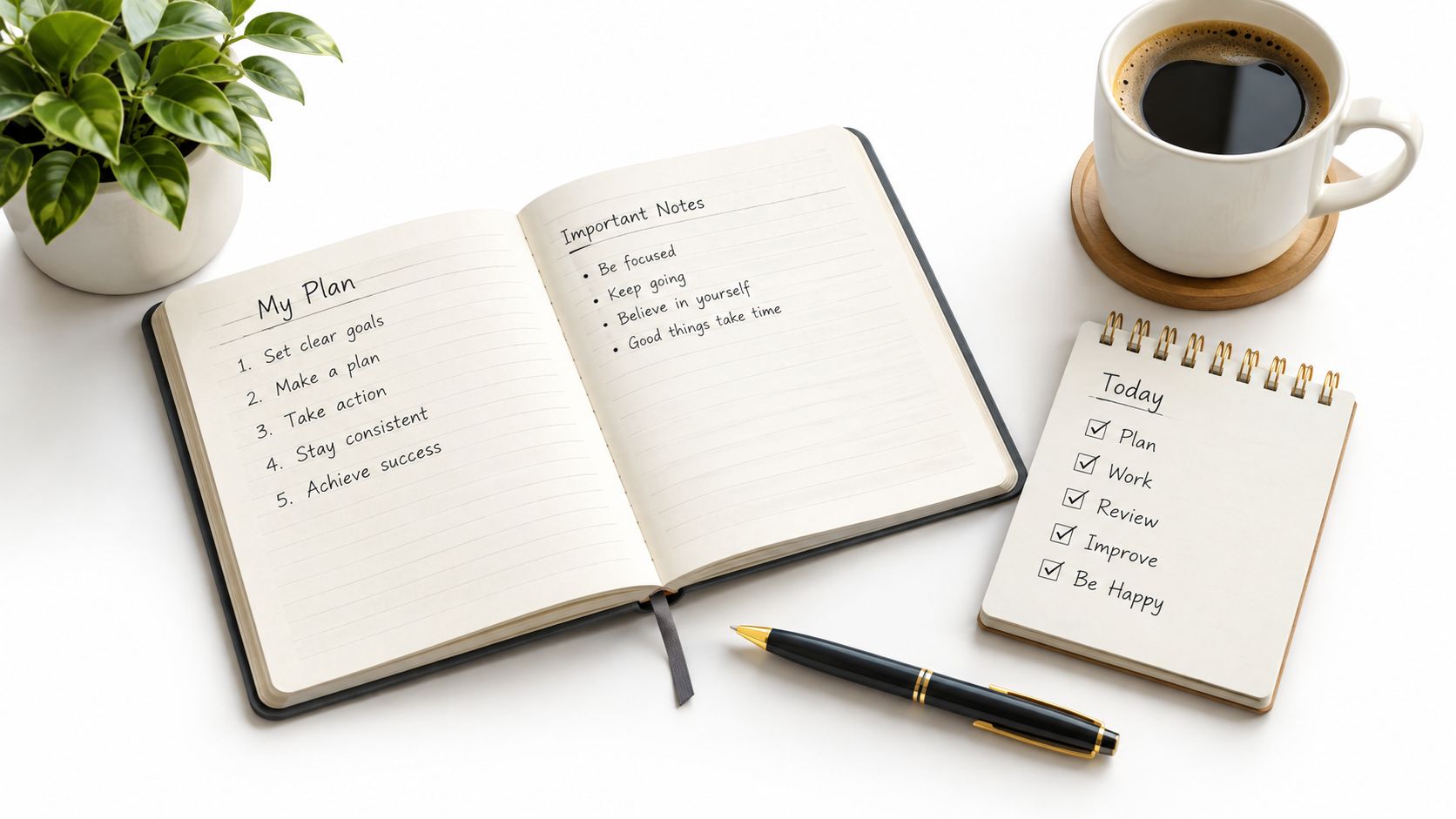 An open notebook with a goal plan and a to-do list on a white desk with coffee.