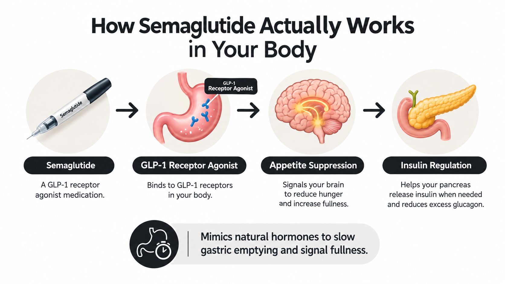 A diagram illustrating the four-step biological mechanism of how semaglutide works within the human body.