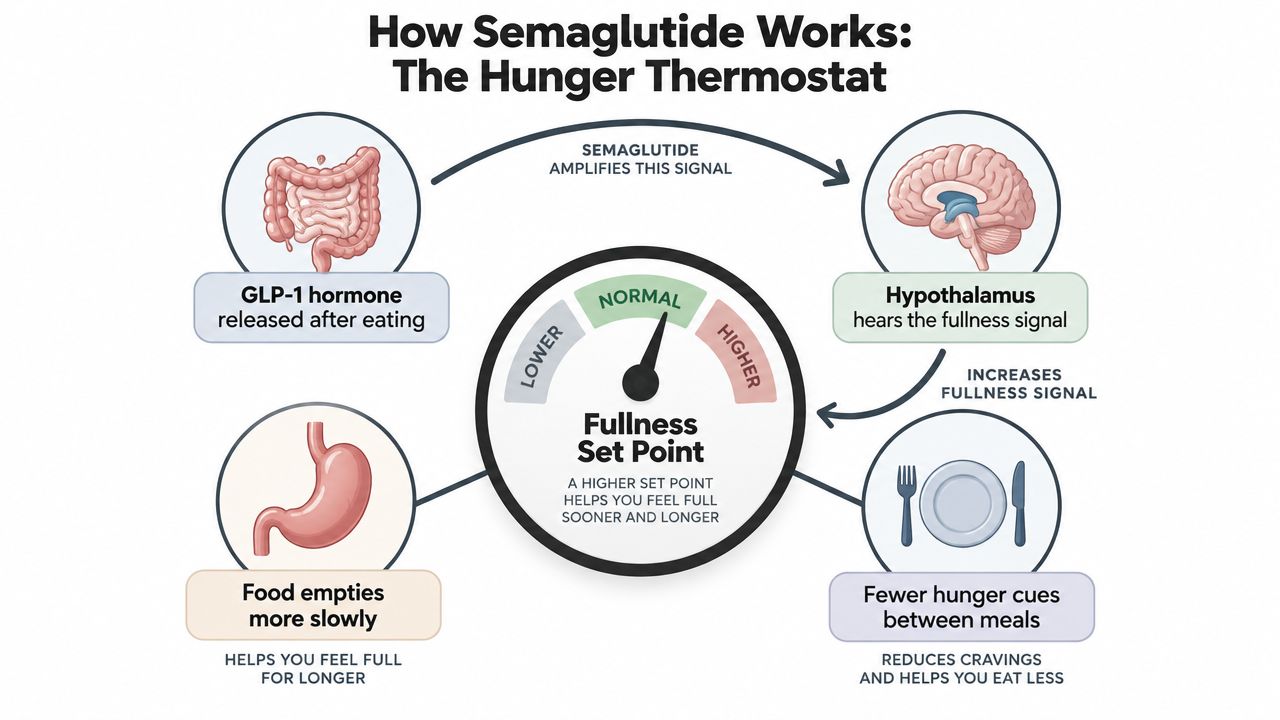 An educational infographic illustrating how semaglutide works to influence the body's hunger and fullness set point.