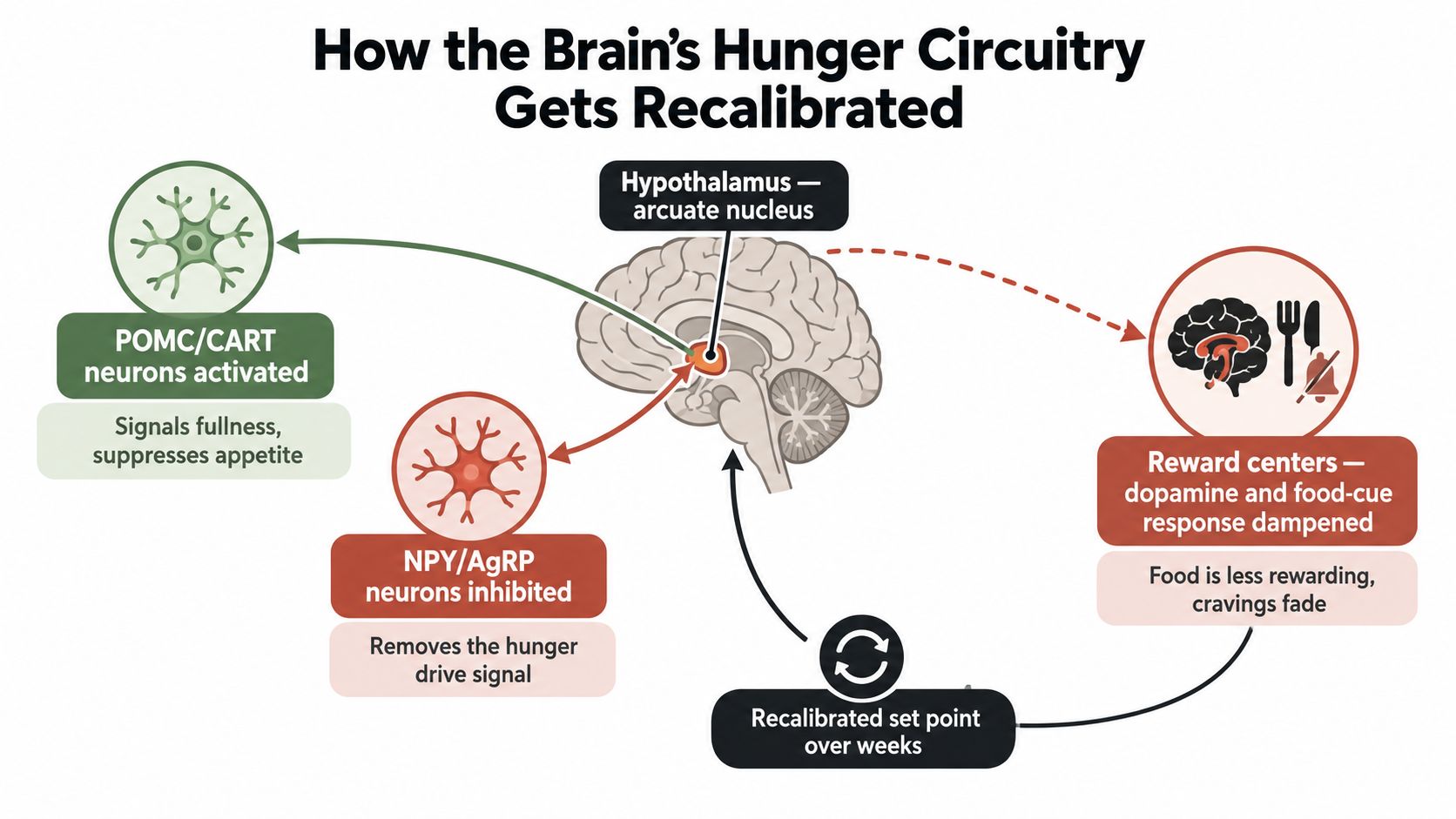 A diagram illustrating how brain hunger circuitry is recalibrated, focusing on hypothalamus neurons and reward center response.