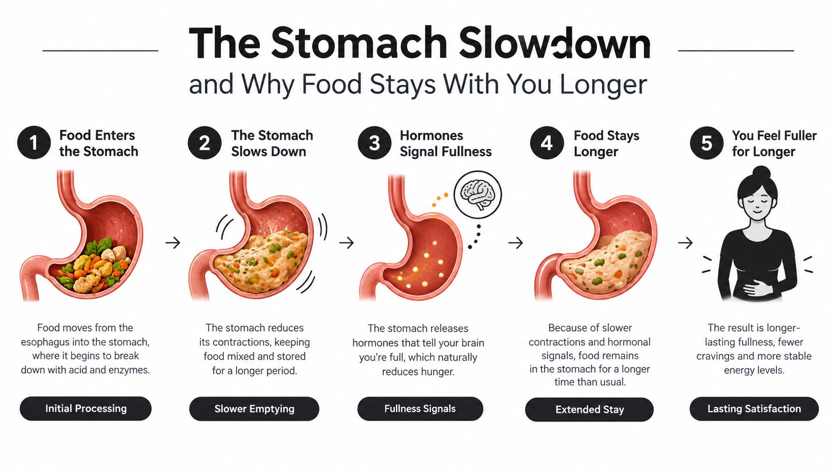 A five-step infographic illustrating how the stomach slows digestion to promote longer-lasting fullness and satisfaction.