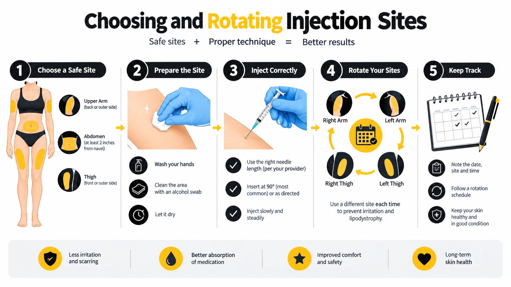 An instructional infographic detailing the five steps for safely performing and rotating medication injections on the body.