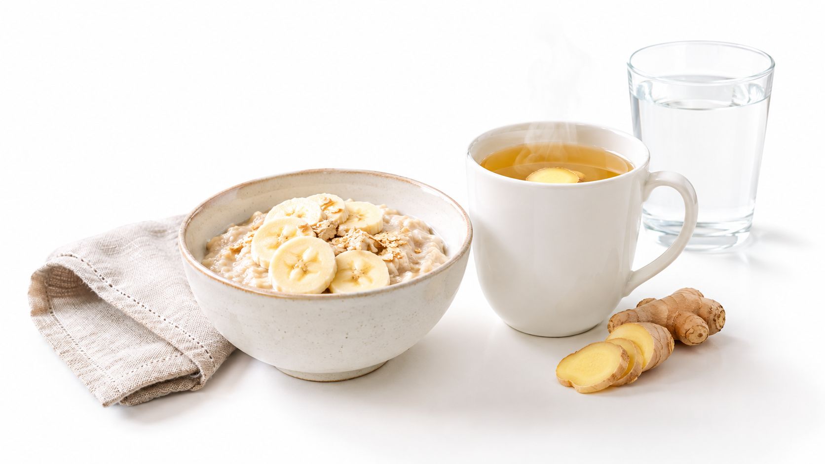 A healthy breakfast of warm oatmeal topped with banana slices, a cup of ginger tea, and water.