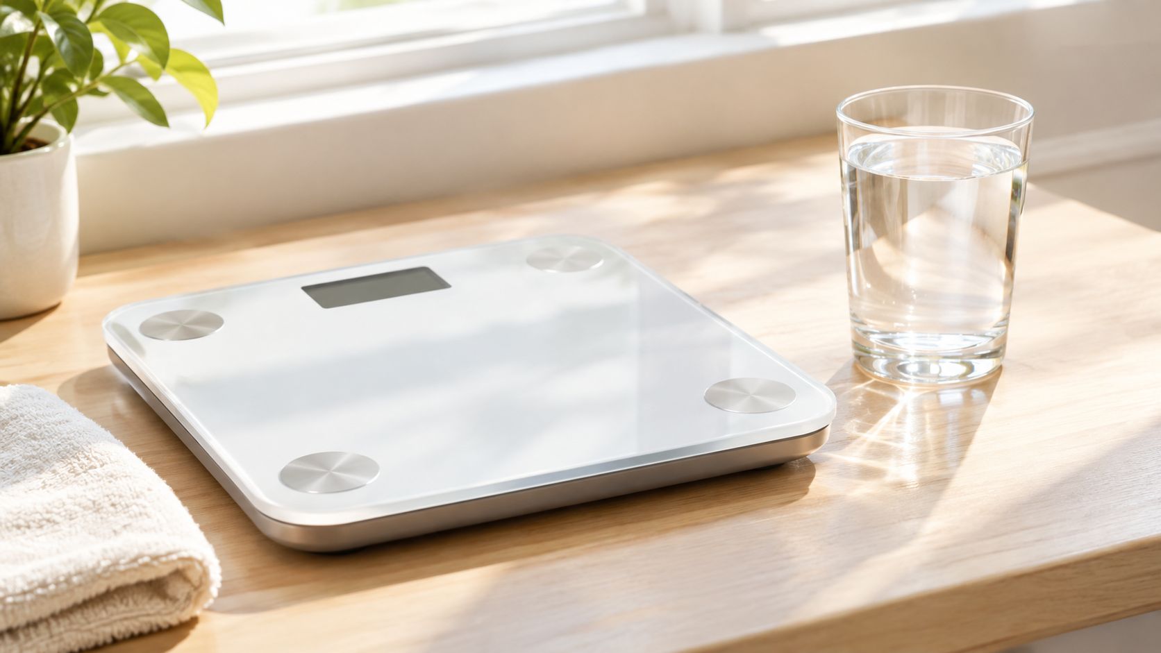 A digital smart weight scale sits on a wooden table beside a glass of water and towel.