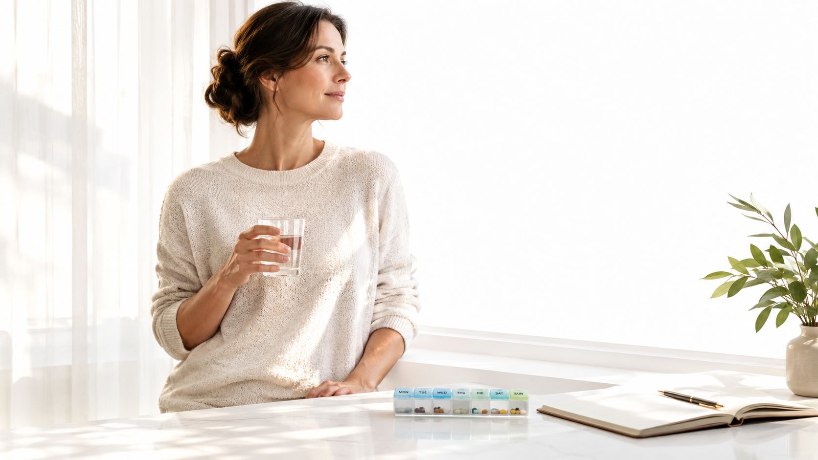 A woman holding a glass of water while looking out a window with a pill organizer nearby.