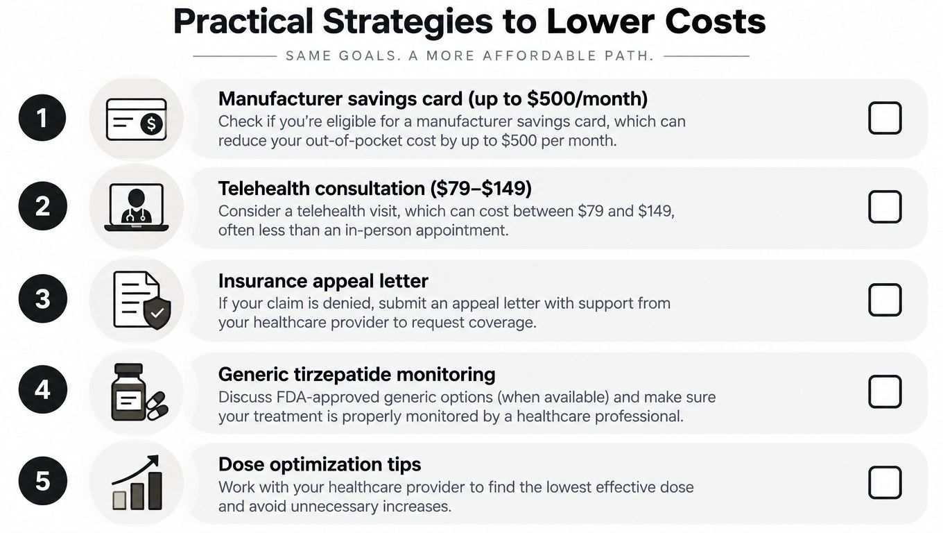 A list of five practical healthcare strategies to lower costs for medication treatments and medical visits.