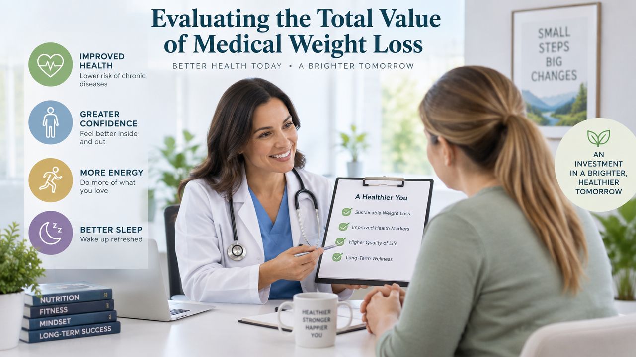 A female doctor discussing medical weight loss benefits with a patient in a modern office setting.