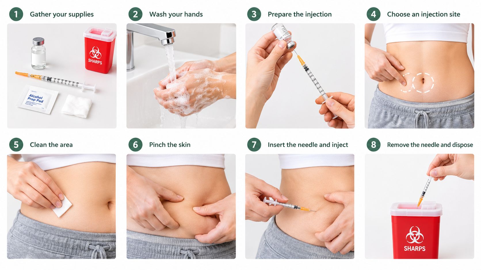 A step-by-step infographic showing how to safely perform a self-administered subcutaneous injection with proper medical supplies.
