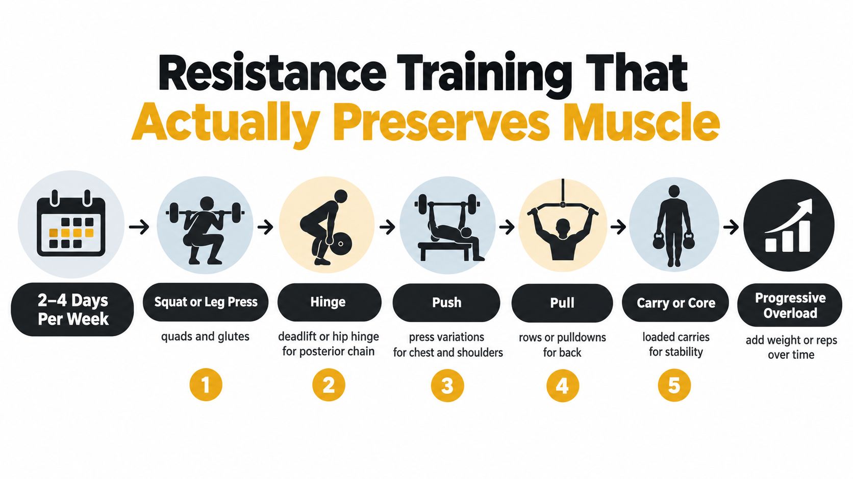An infographic titled Resistance Training That Actually Preserves Muscle outlining a five-step fitness routine for muscle maintenance.