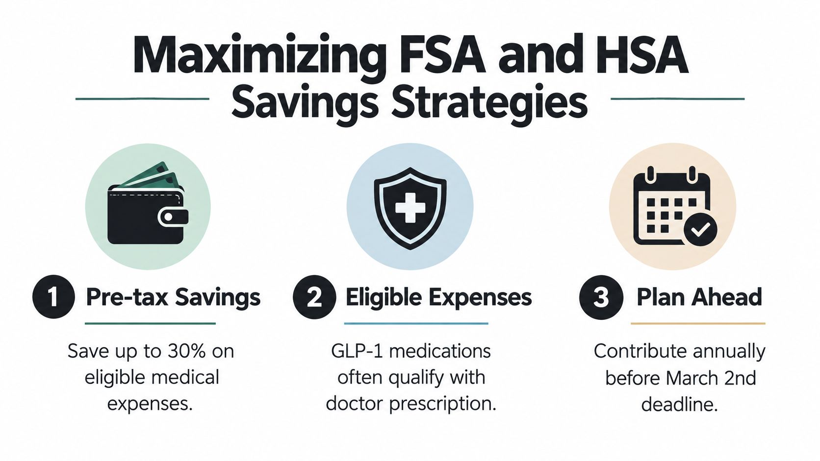 A graphic explaining strategies to maximize FSA and HSA savings including tax benefits and eligible medical expenses.